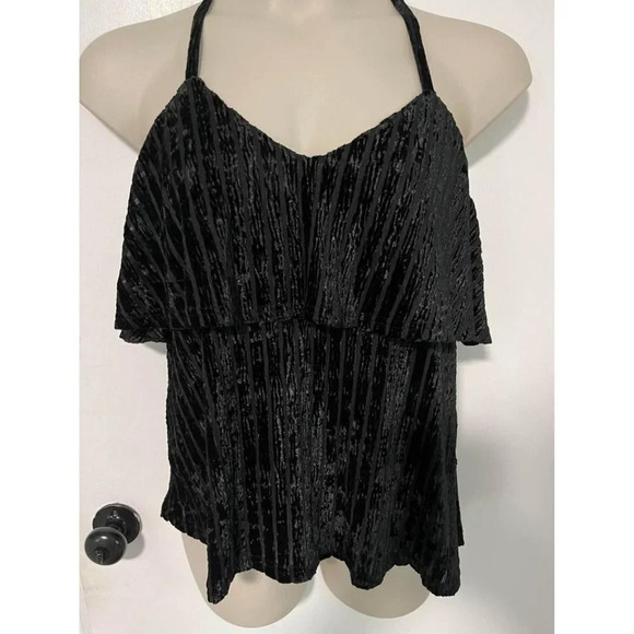 Loveriche Tops - Black velvet halter top with pleats, ruffles, and tie-back straps size M #0258